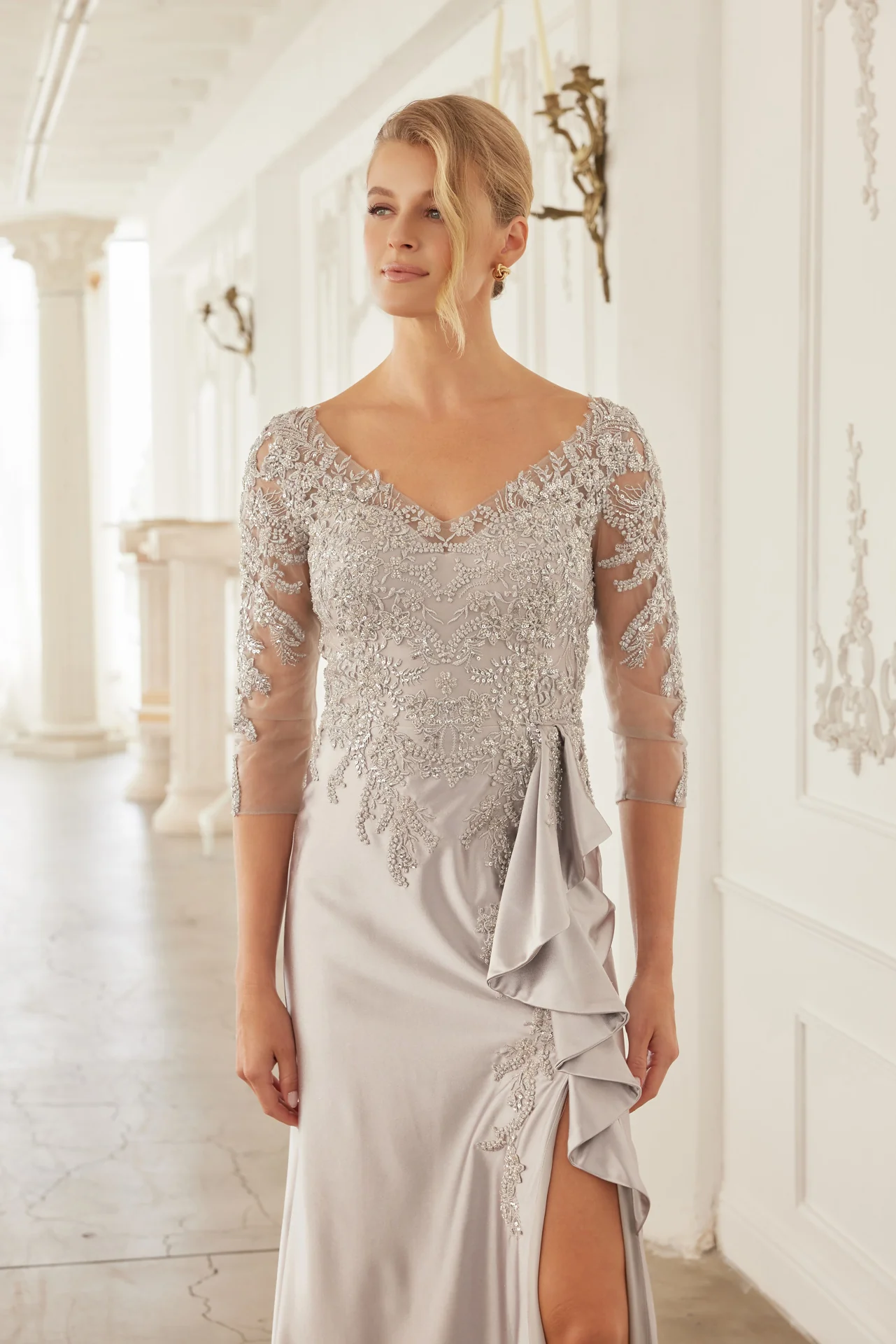 3/4 Sleeve Mother of the Bride Dress with Beaded Appliqués Formal Gown - Image 11