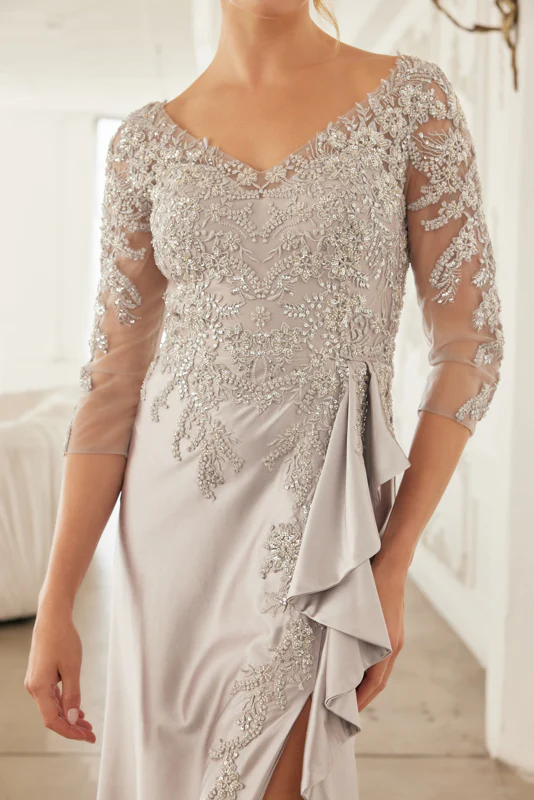 3/4 Sleeve Mother of the Bride Dress with Beaded Appliqués Formal Gown - Image 12