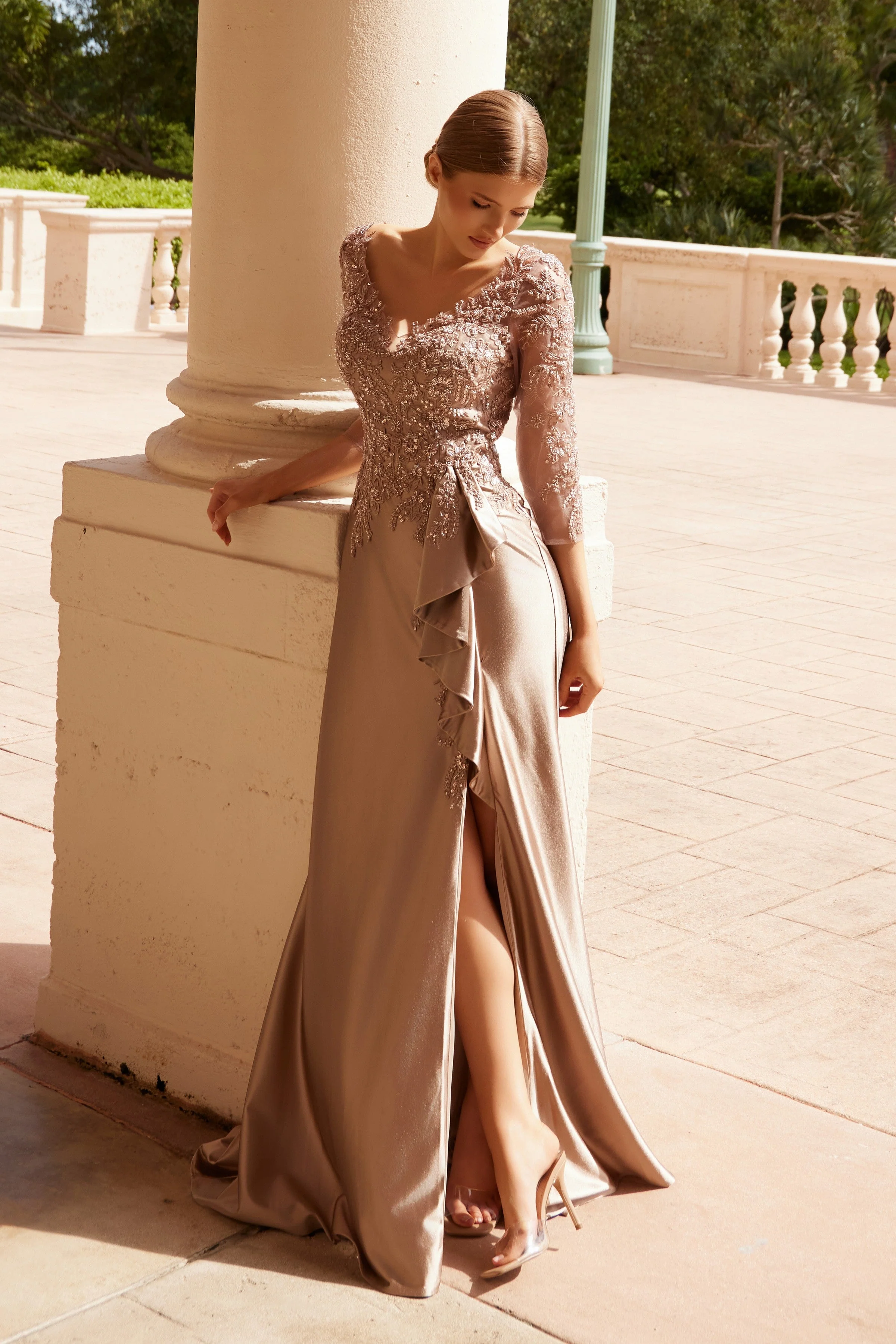3/4 Sleeve Mother of the Bride Dress with Beaded Appliqués Formal Gown - Image 13
