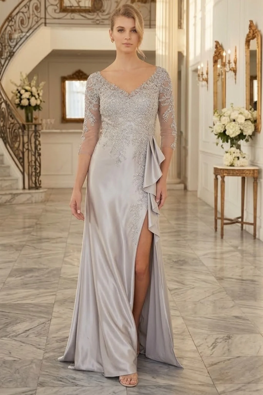 3/4 Sleeve Mother of the Bride Dress with Beaded Appliqués Formal Gown - Image 3