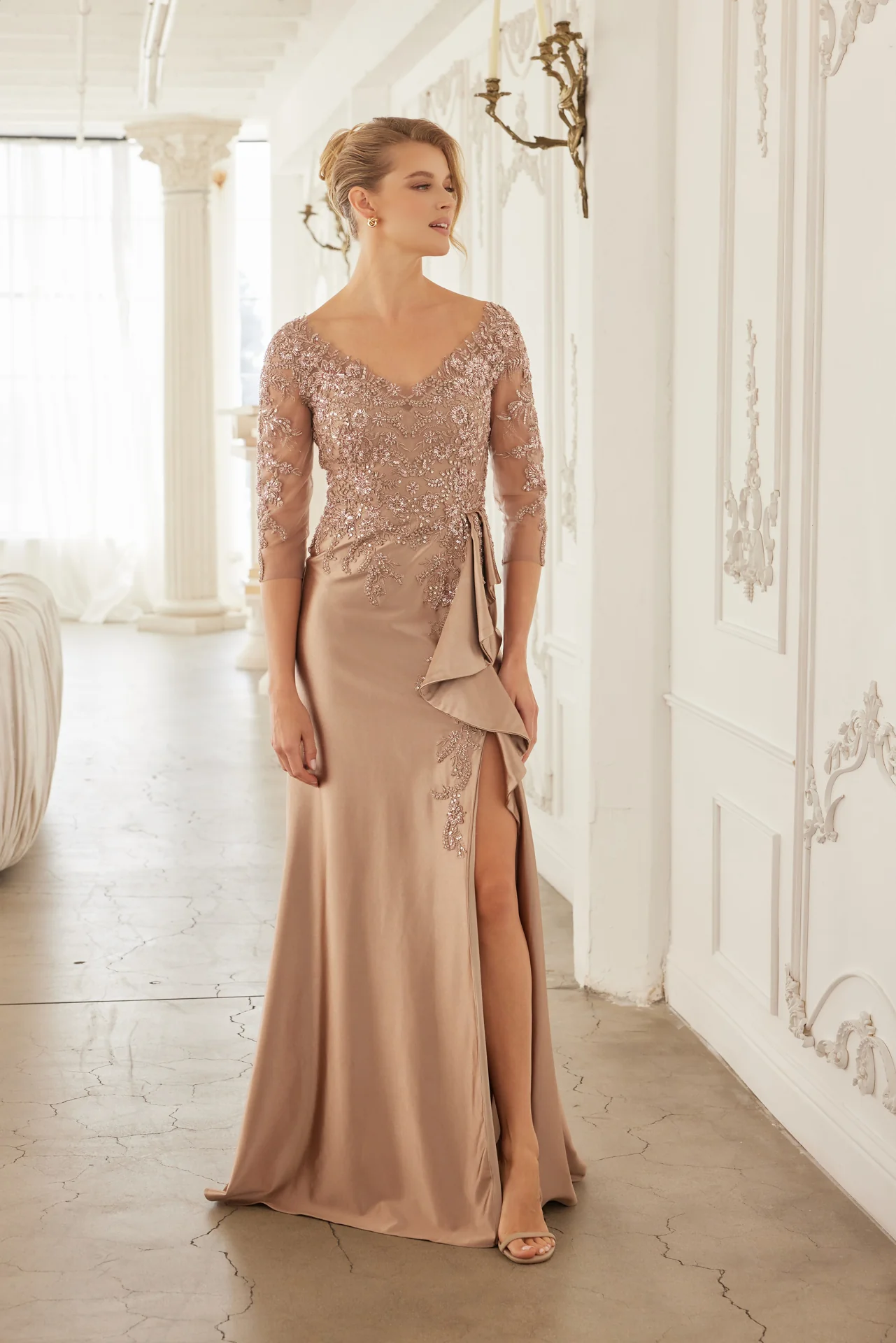 3/4 Sleeve Mother of the Bride Dress with Beaded Appliqués Formal Gown - Image 8