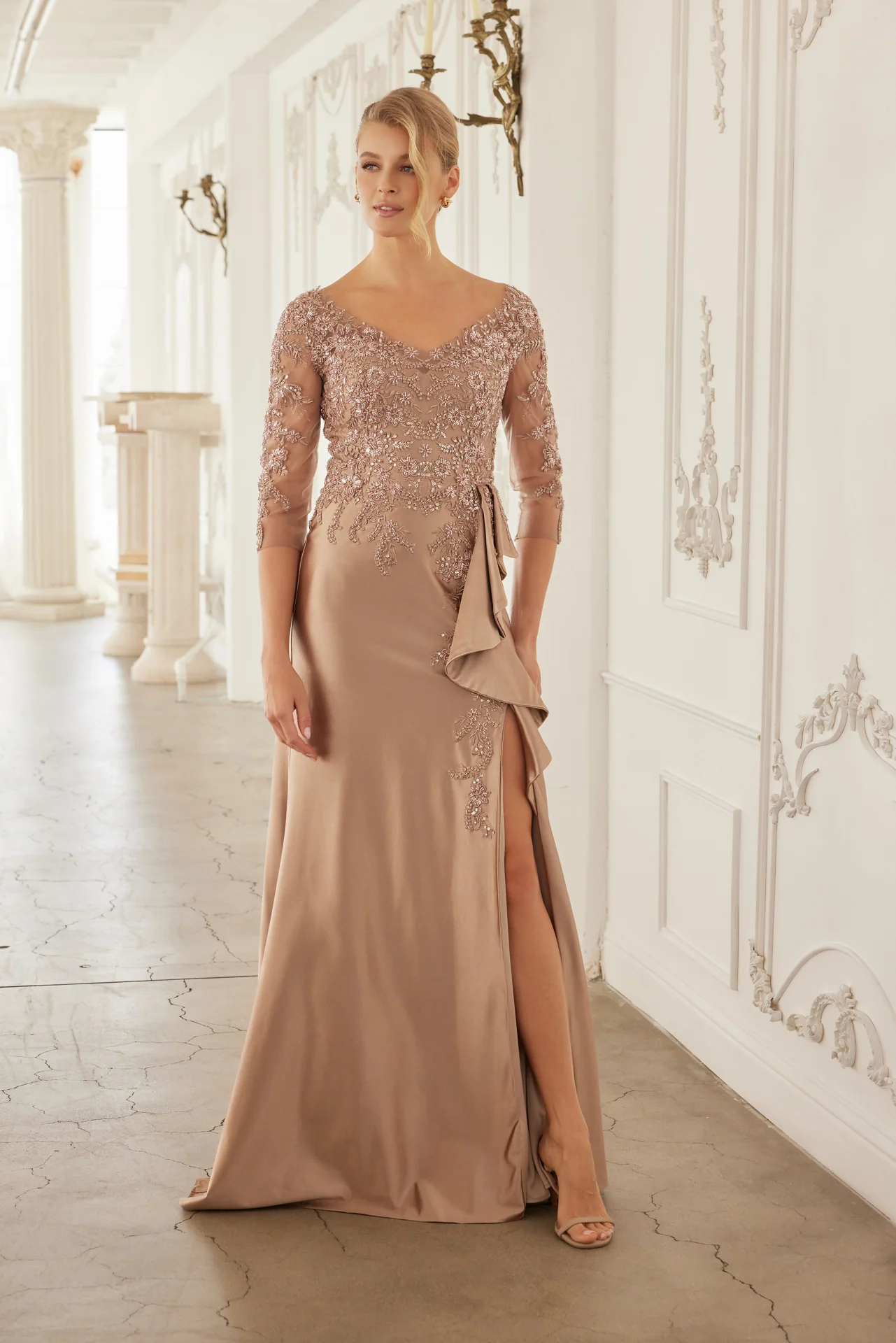 3/4 Sleeve Mother of the Bride Dress with Beaded Appliqués Formal Gown - Image 9