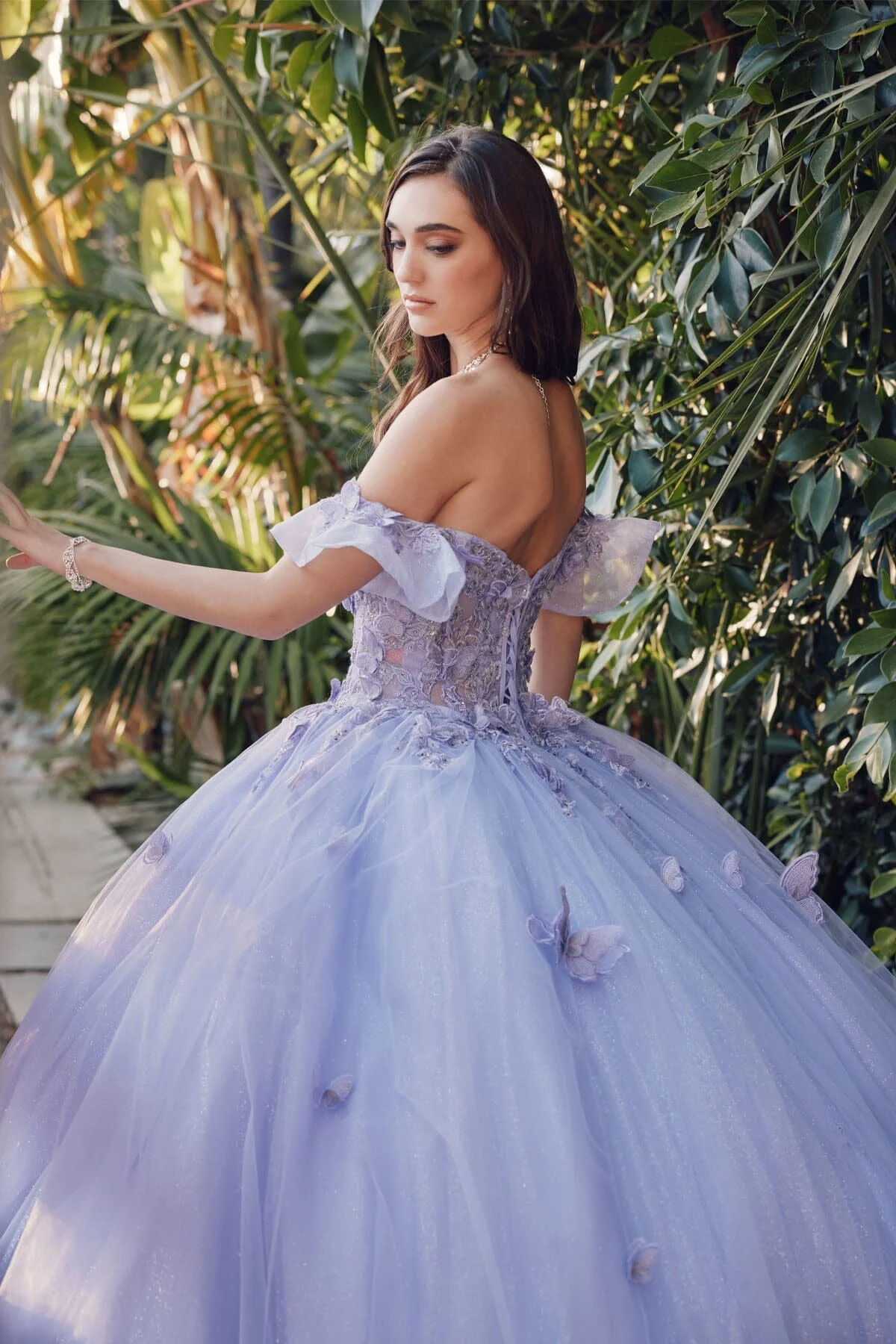 Juliet 1448J 3D Butterfly Appliqué Off Shoulder Glitter Tulle Corset Quinceanera Dress - Image 10