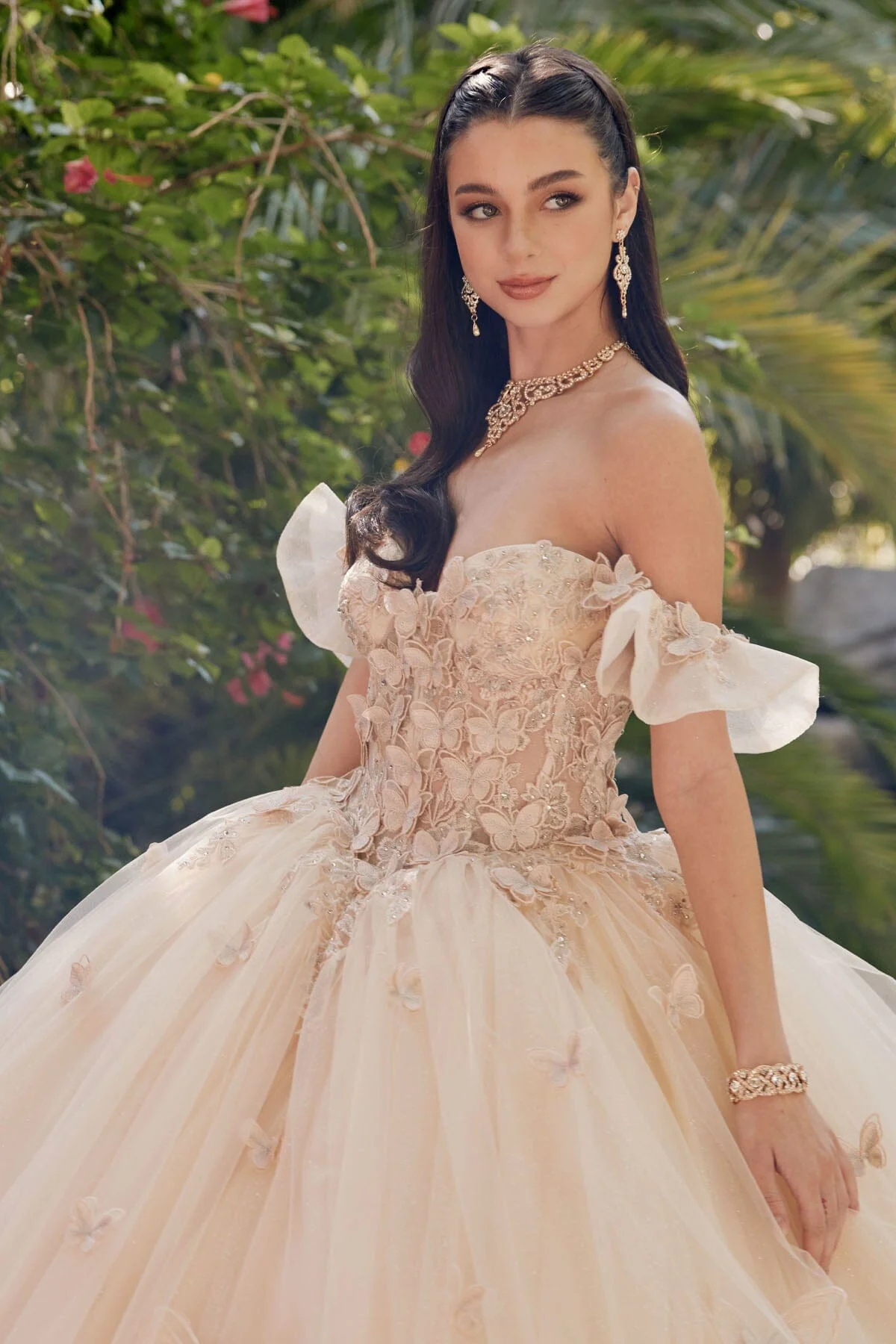 Juliet 1448J 3D Butterfly Appliqué Off Shoulder Glitter Tulle Corset Quinceanera Dress - Image 2