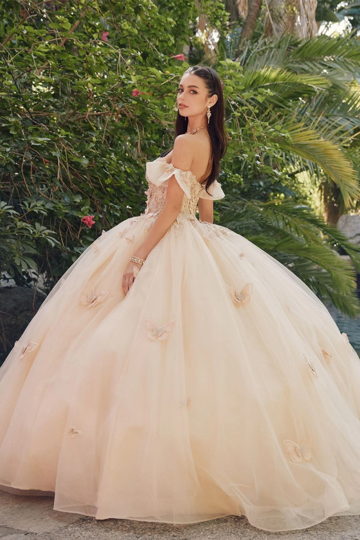 Juliet 1448J 3D Butterfly Appliqué Off Shoulder Glitter Tulle Corset Quinceanera Dress - Image 3