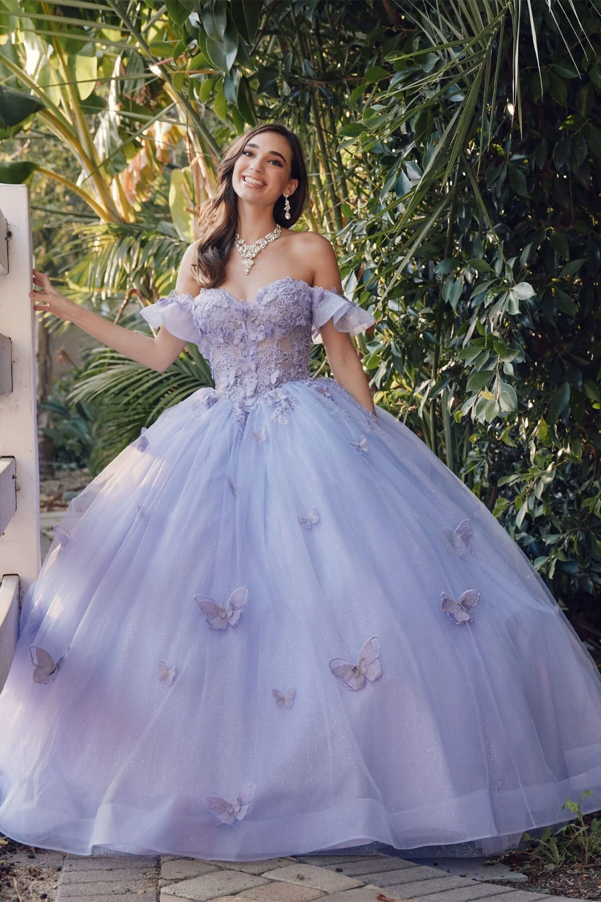 Juliet 1448J 3D Butterfly Appliqué Off Shoulder Glitter Tulle Corset Quinceanera Dress - Image 6