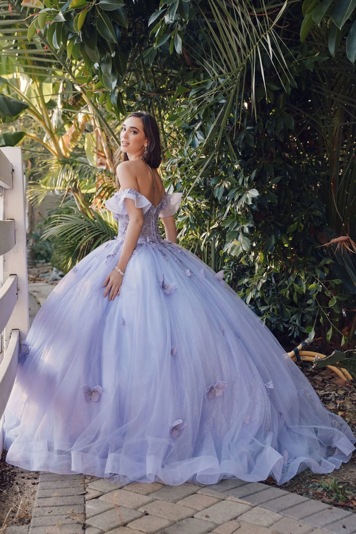 Juliet 1448J 3D Butterfly Appliqué Off Shoulder Glitter Tulle Corset Quinceanera Dress - Image 8