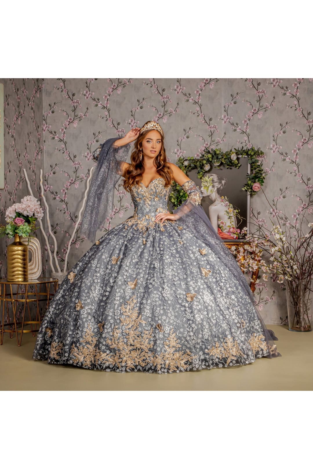 3D Butterfly Bell Sleeve Ball Gown by GLS Gloria GL3318 - Image 5