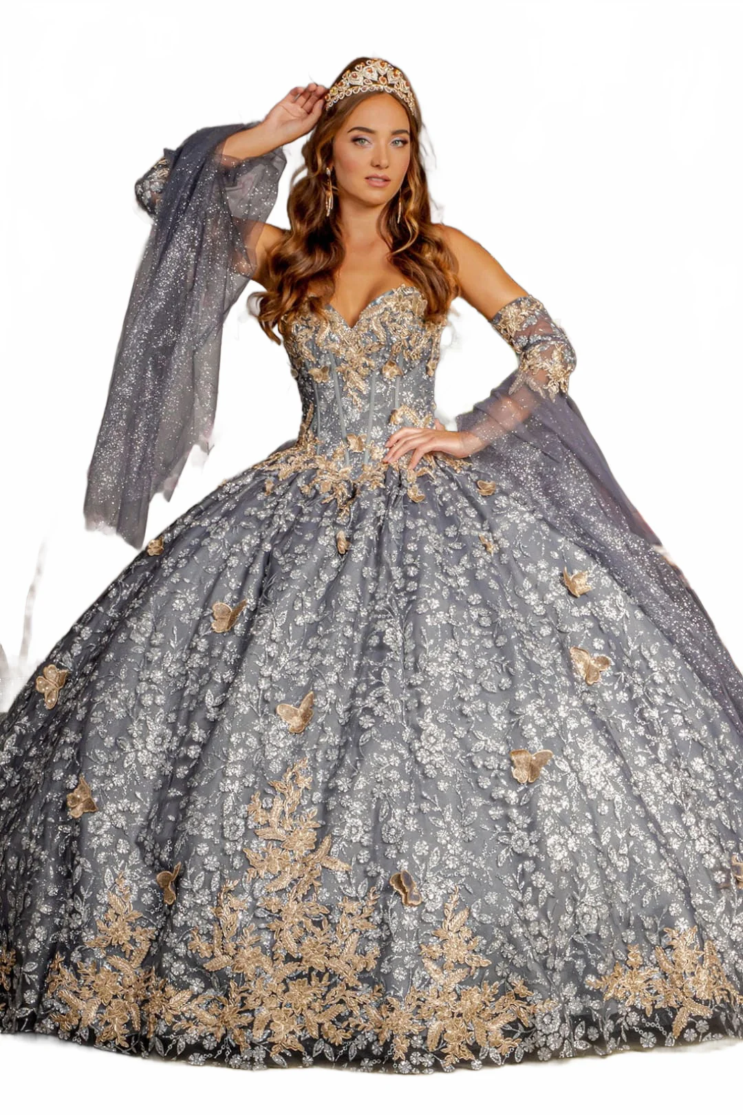 3D Butterfly Bell Sleeve Ball Gown by GLS Gloria GL3318 - Image 7