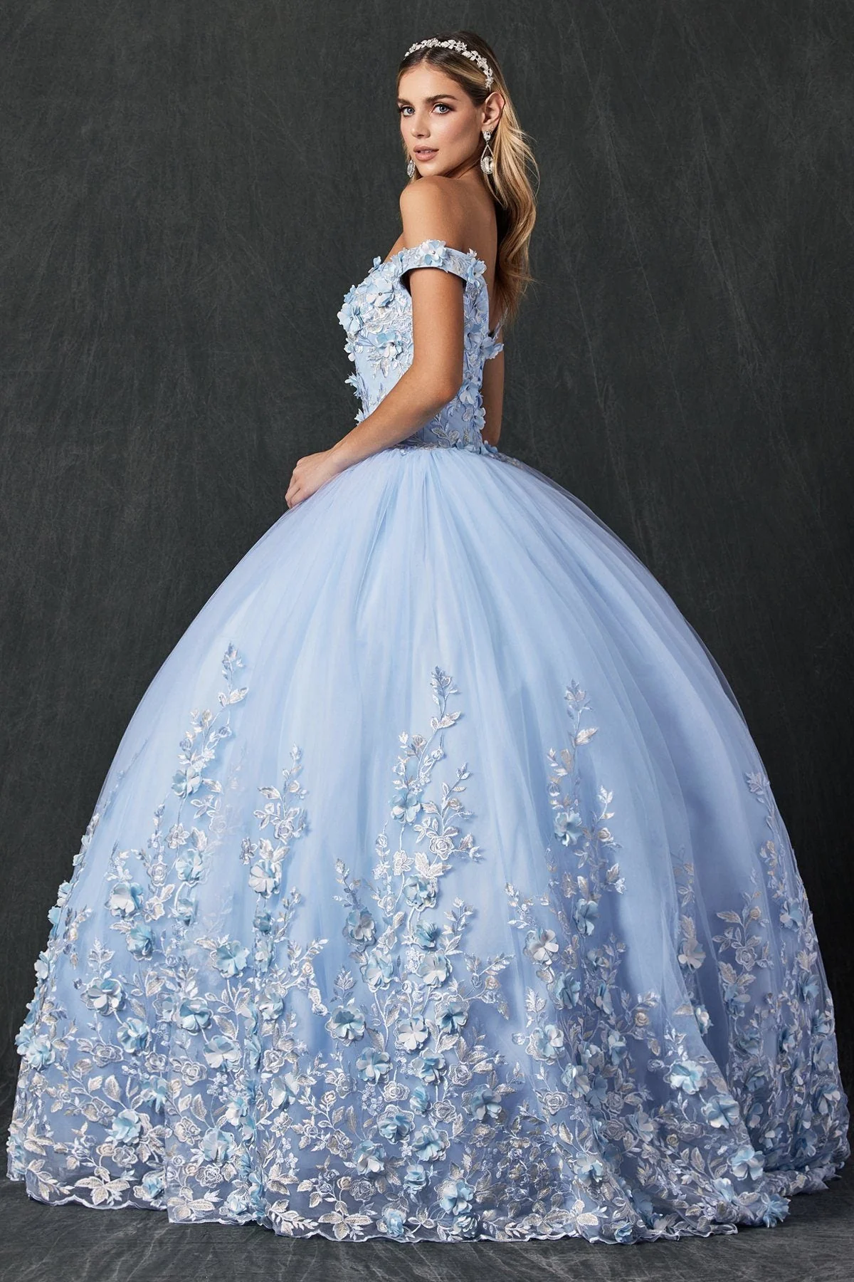 Juliet 1434 3D Floral Applique Off Shoulder Lace-Up Corset Quinceanera Dress - Image 16
