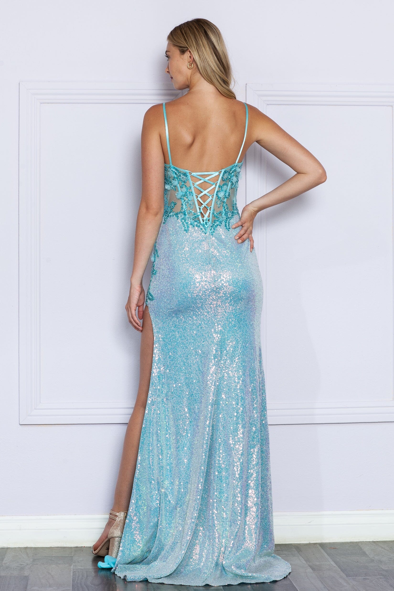 Poly USA 9340 3D Floral Fitted Iridescent Sequin Slit Gown - Image 2