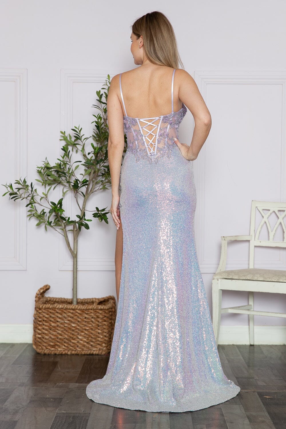 Poly USA 9340 3D Floral Fitted Iridescent Sequin Slit Gown - Image 9