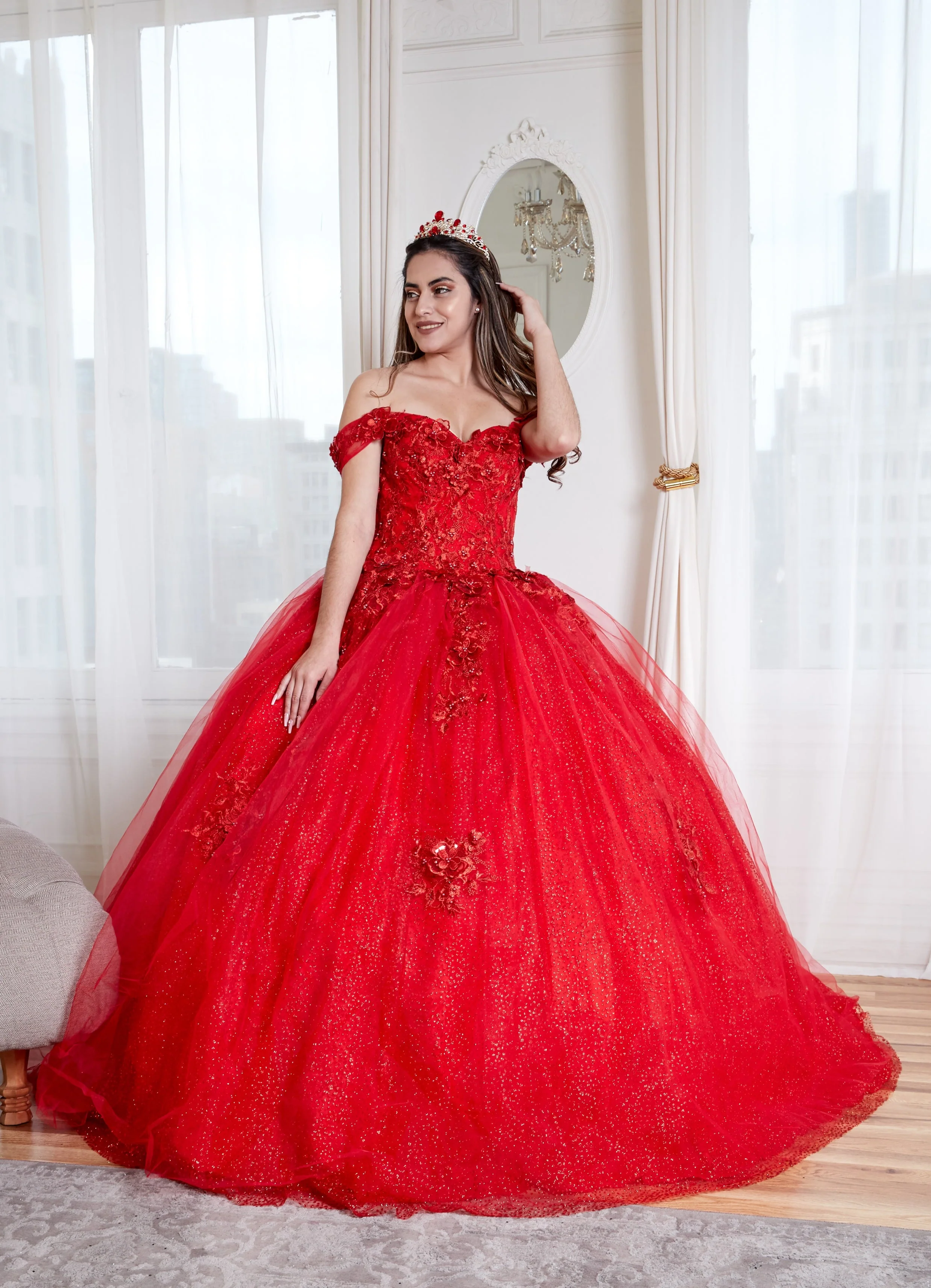 3D Floral Off-Shoulder Glitter Ball Gown by Calla KY-73112 - Image 5