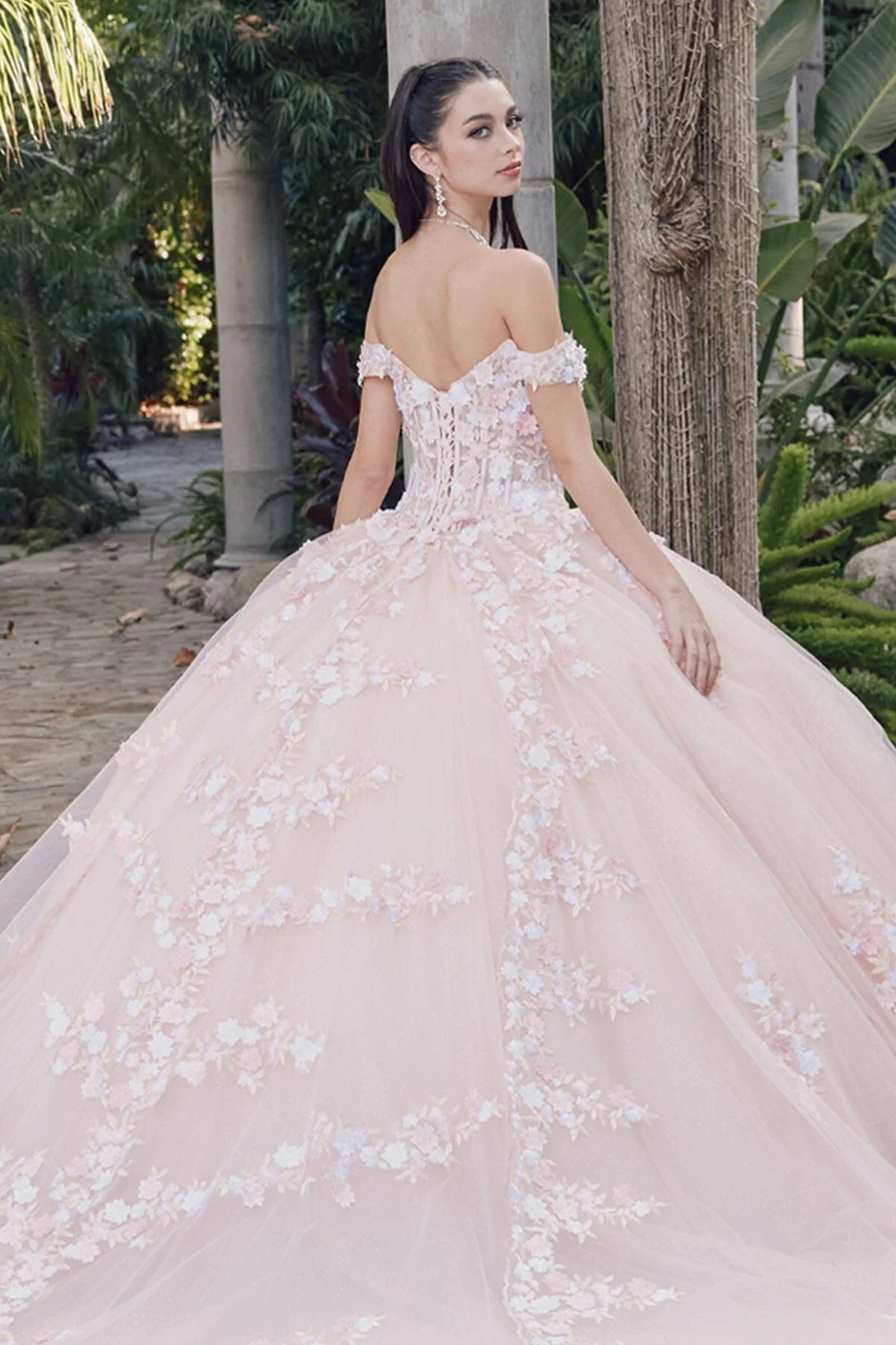 Juliet 1460J 3D Floral Appliqué Off-Shoulder Glitter Tulle Corset Quinceanera Dress - Image 10