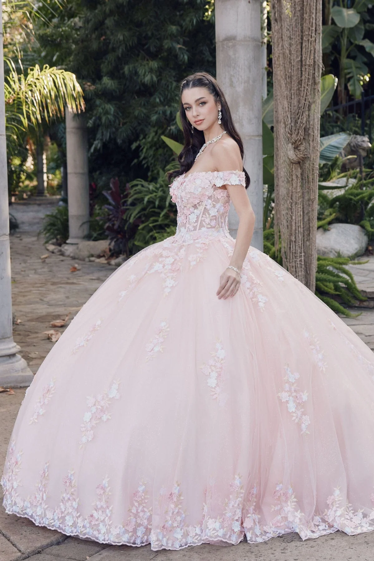 Juliet 1460J 3D Floral Appliqué Off-Shoulder Glitter Tulle Corset Quinceanera Dress - Image 11
