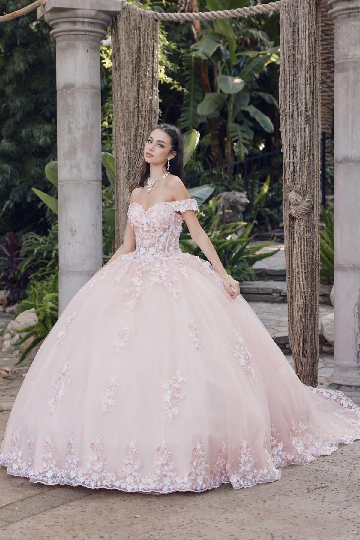 Juliet 1460J 3D Floral Appliqué Off-Shoulder Glitter Tulle Corset Quinceanera Dress - Image 7