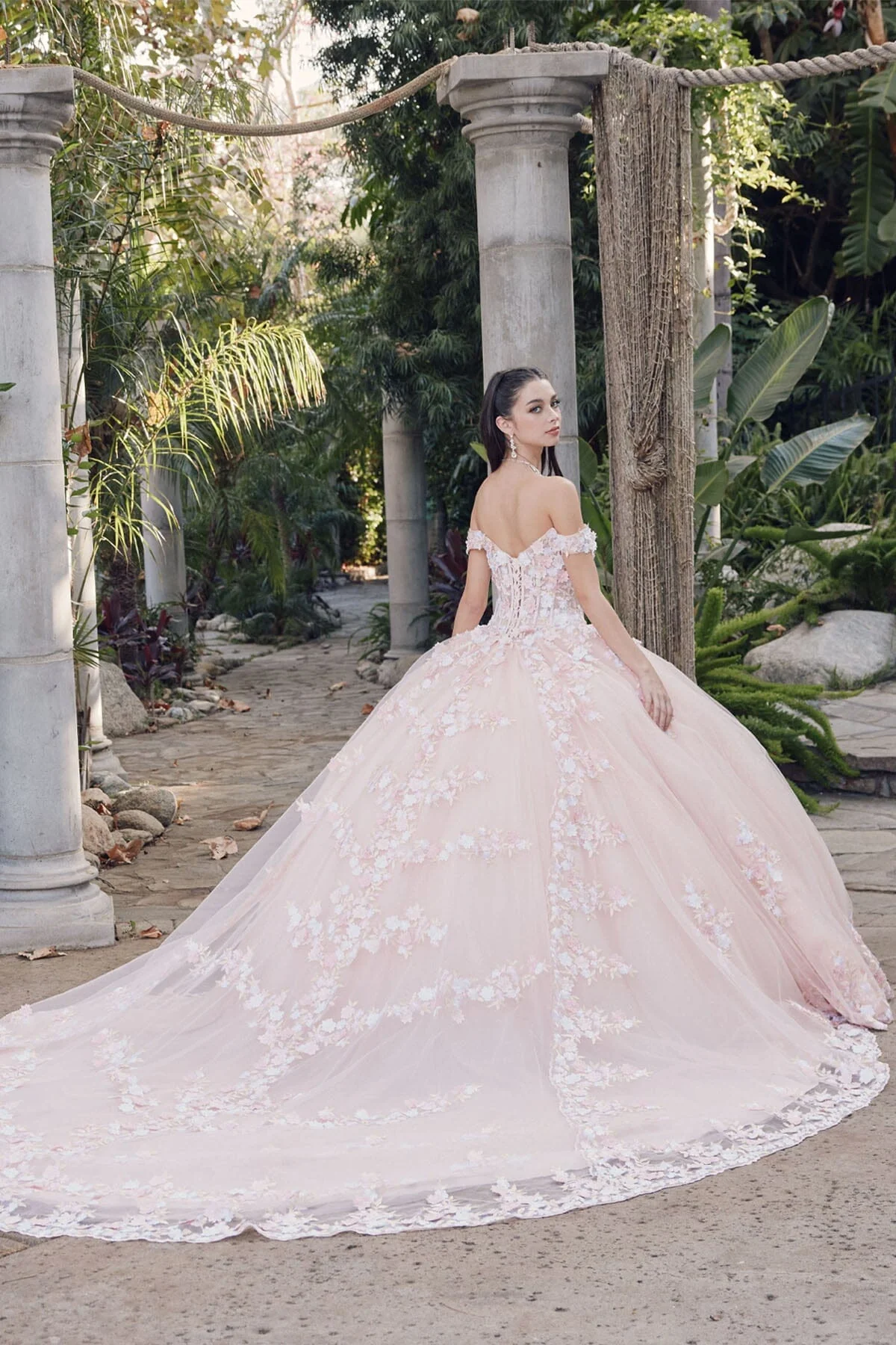 Juliet 1460J 3D Floral Appliqué Off-Shoulder Glitter Tulle Corset Quinceanera Dress - Image 8