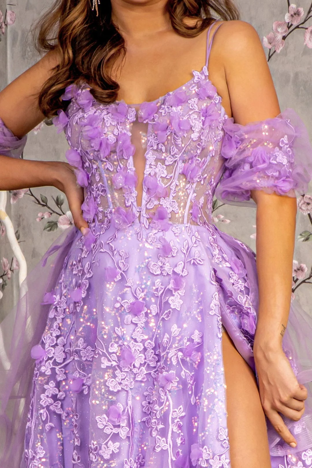 3D Floral Sleeveless Tiered Slit Gown by GLS Gloria GL3358 - Image 6