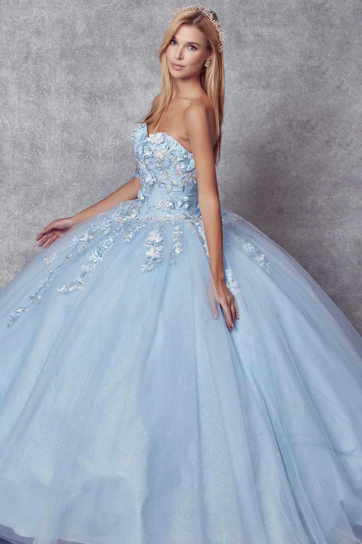 Juliet 1435 3D Floral Applique Glitter Tulle Strapless Dress - Image 8