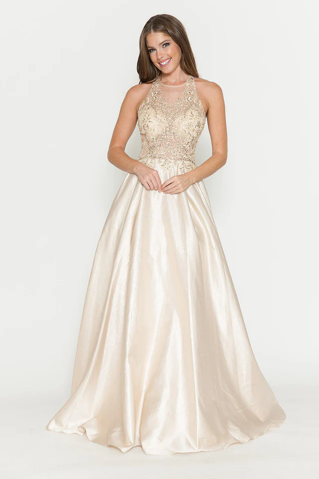 A-Line Gown with Sheer Lace Bodice & Halter Neckline By Lenovia 8181 - Image 6