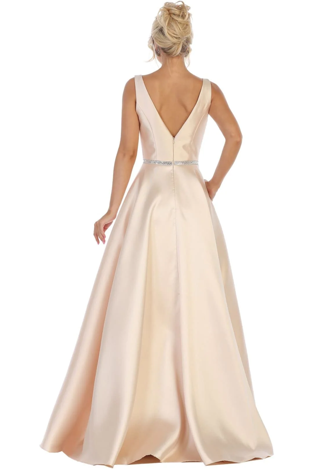 A Line Plunging V Neck Evening Gown Side Pockets Sleeveless Prom Dress - Image 10