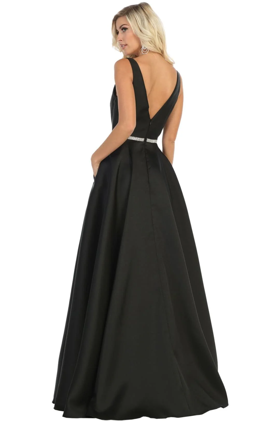 A Line Plunging V Neck Evening Gown Side Pockets Sleeveless Prom Dress - Image 18