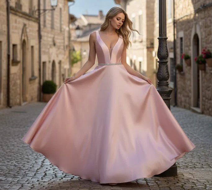 A Line Plunging V Neck Evening Gown Side Pockets Sleeveless Prom Dress - Image 3