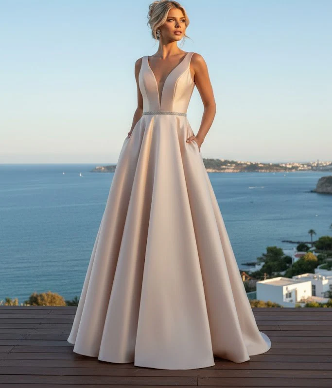 A Line Plunging V Neck Evening Gown Side Pockets Sleeveless Prom Dress - Image 4