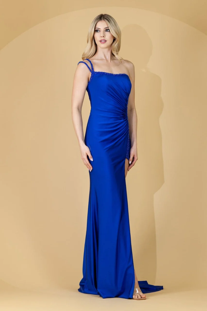 Amelia Couture AC0013 Beaded One-Shoulder Fitted Ruched Evening Gown - Image 7
