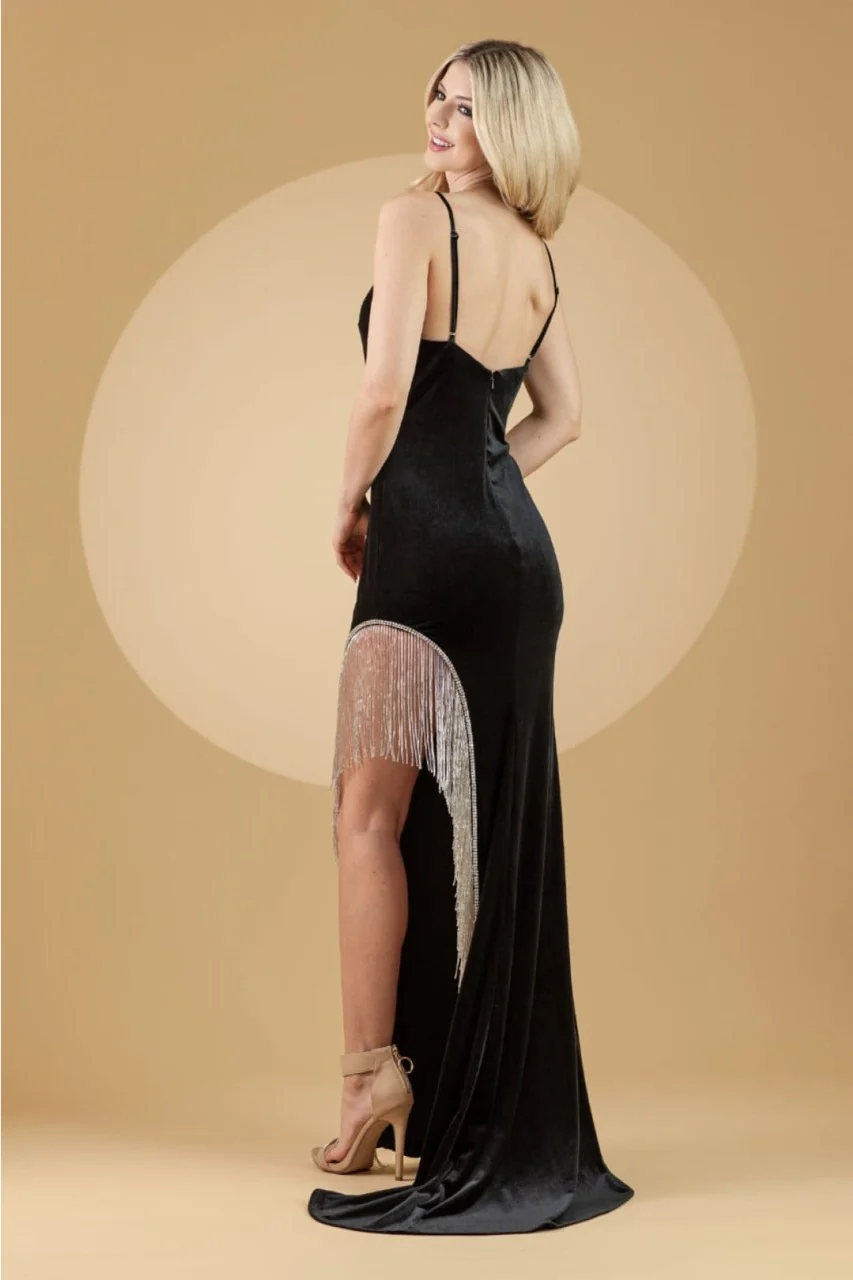Amelia Couture BZ9015V Spaghetti Strap V-Neck Velvet Fringe Slit Gown - Image 3
