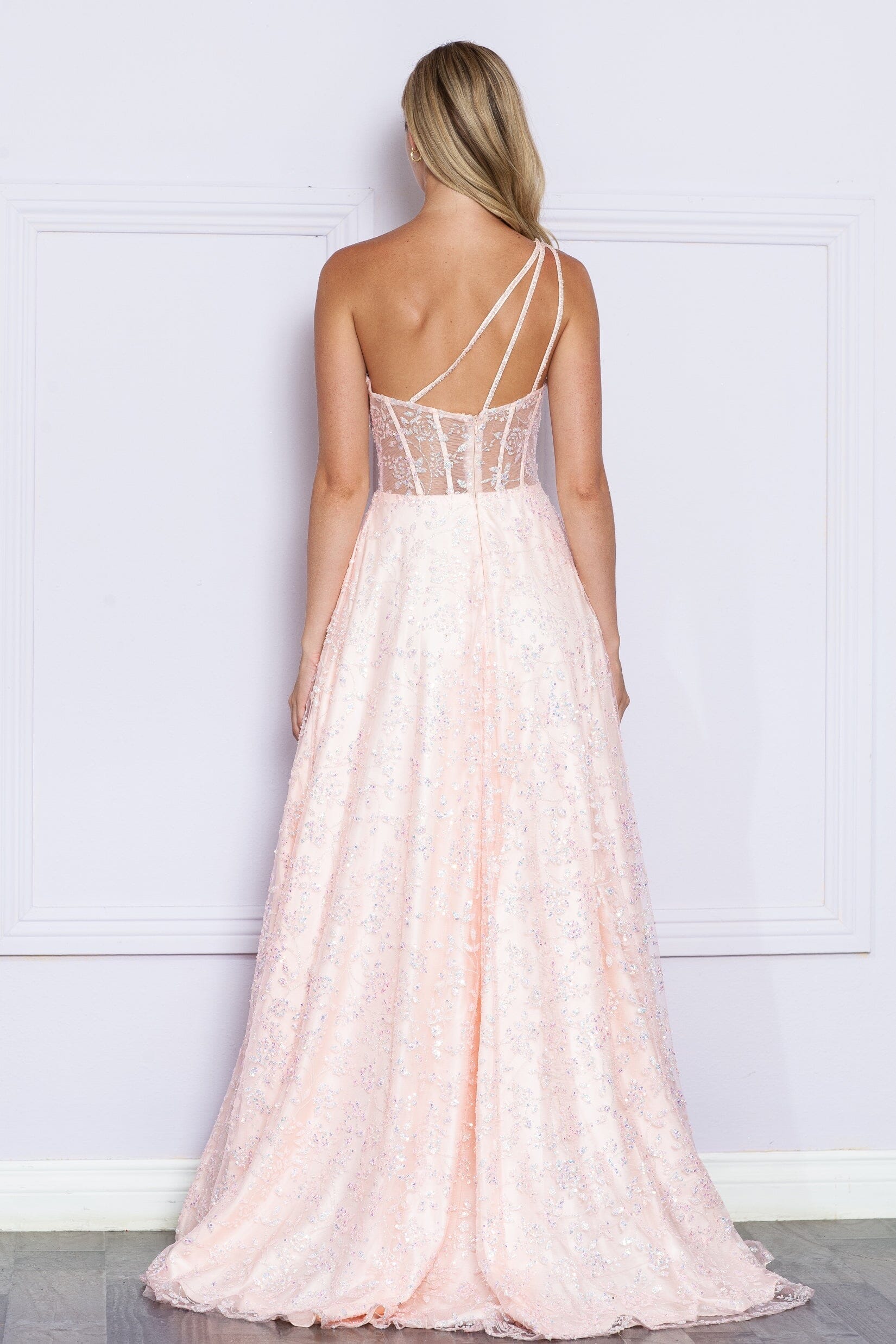 Poly USA 9372 Applique One Shoulder Corset Slit Gown - Image 2