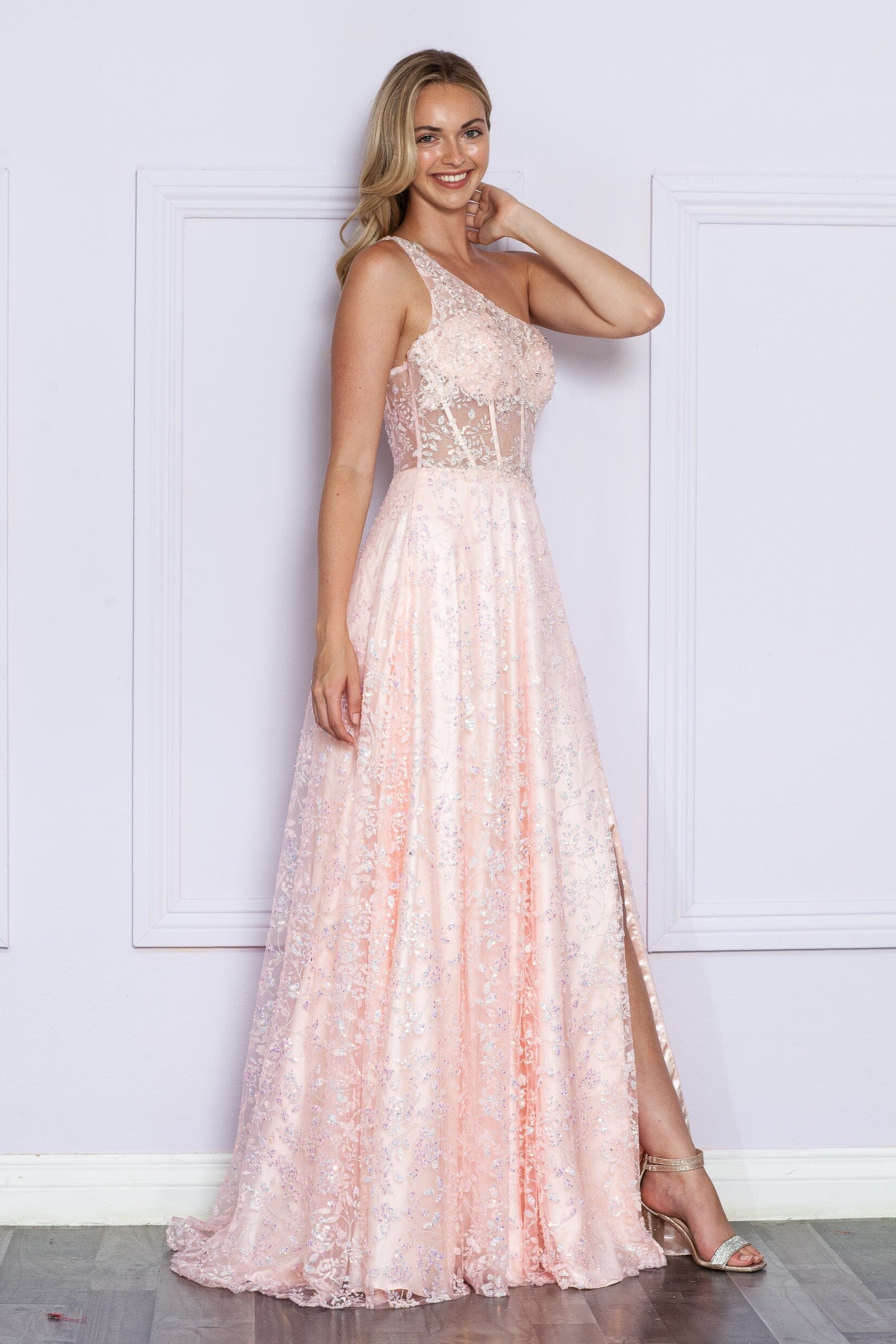 Poly USA 9372 Applique One Shoulder Corset Slit Gown - Image 7
