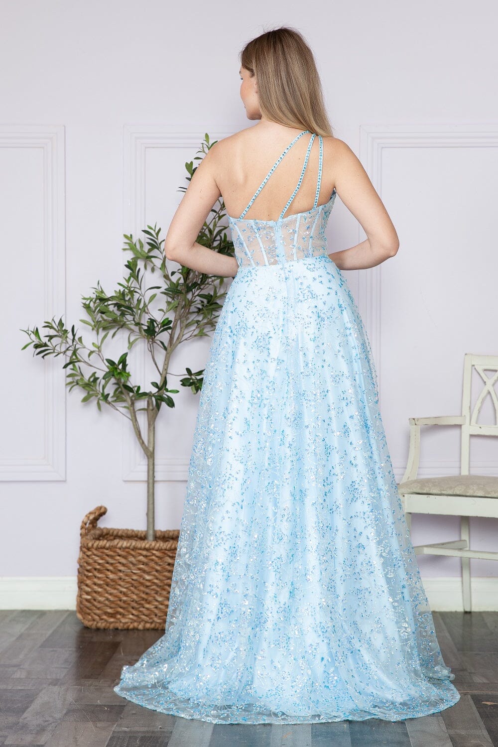 Poly USA 9372 Applique One Shoulder Corset Slit Gown - Image 9