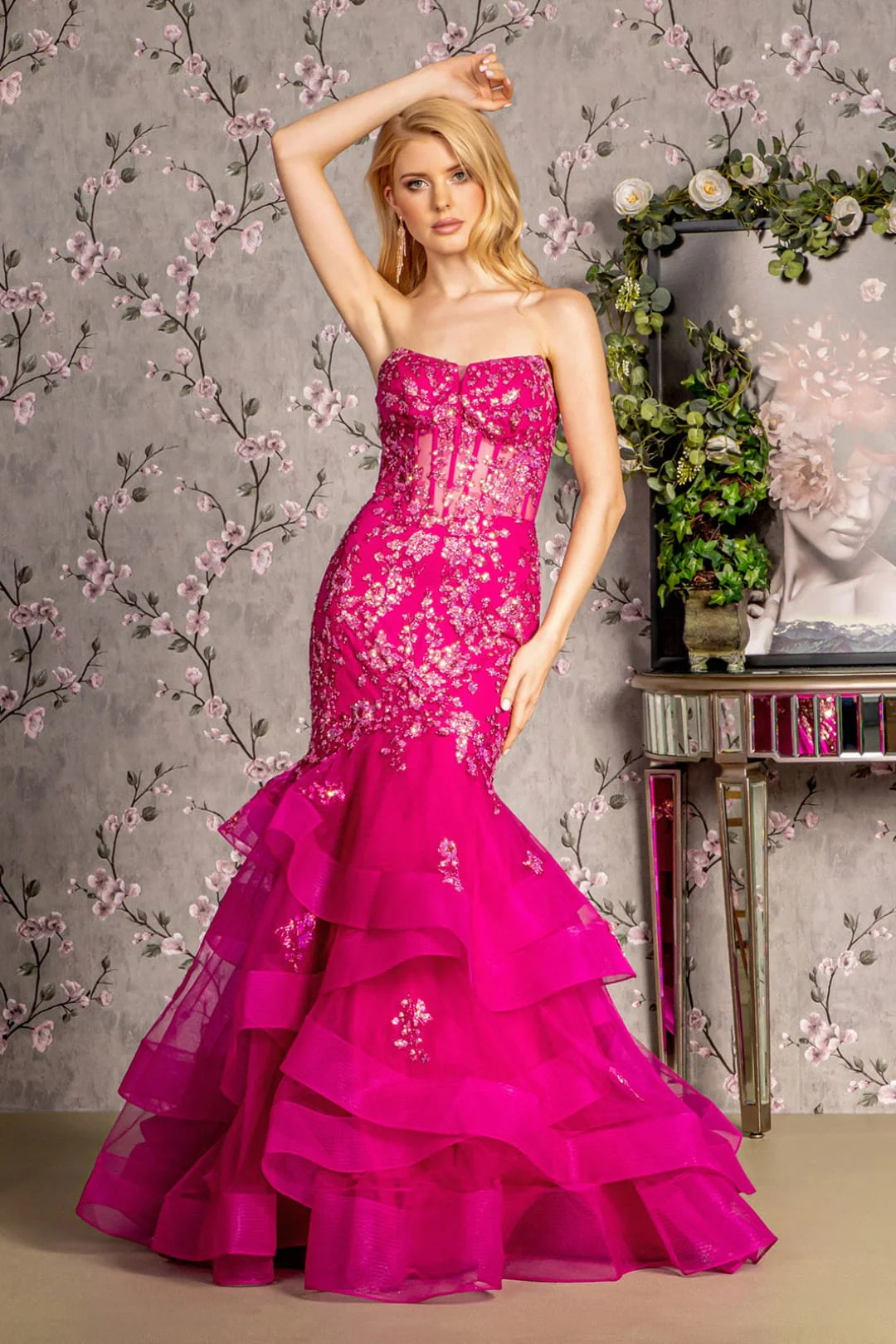 Applique Strapless Tiered Mermaid Dress by GLS Gloria GL3216 - Image 3