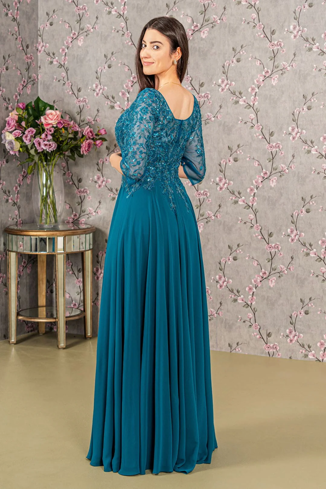 Bead Applique 3/4 Sleeve A-line Gown by GLS Gloria GL3447 - Image 2