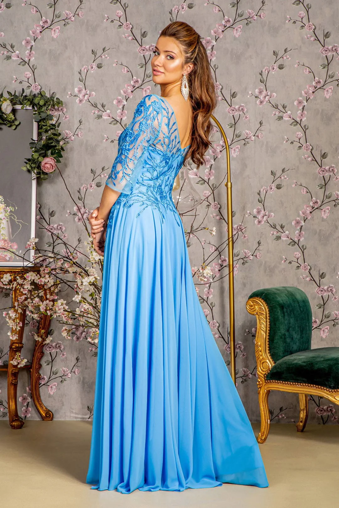 Bead Embroidered 3/4 Sleeve A-line Gown by GLS Gloria GL3445 - Image 2
