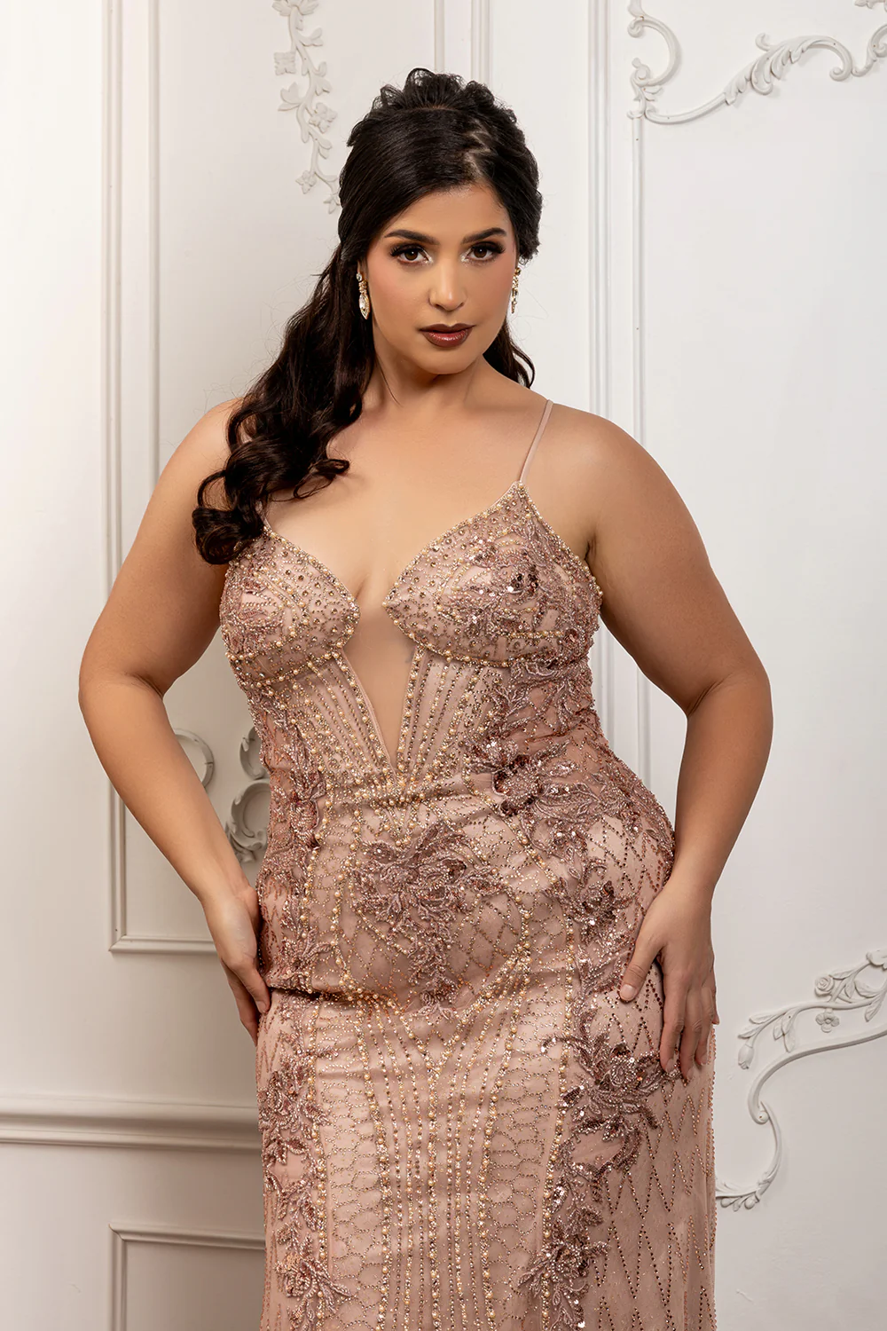Beaded Lace Mermaid Evening Gown with Deep V Neck & Lace-Up Back by Royal Queen RQ8230 - Image 15