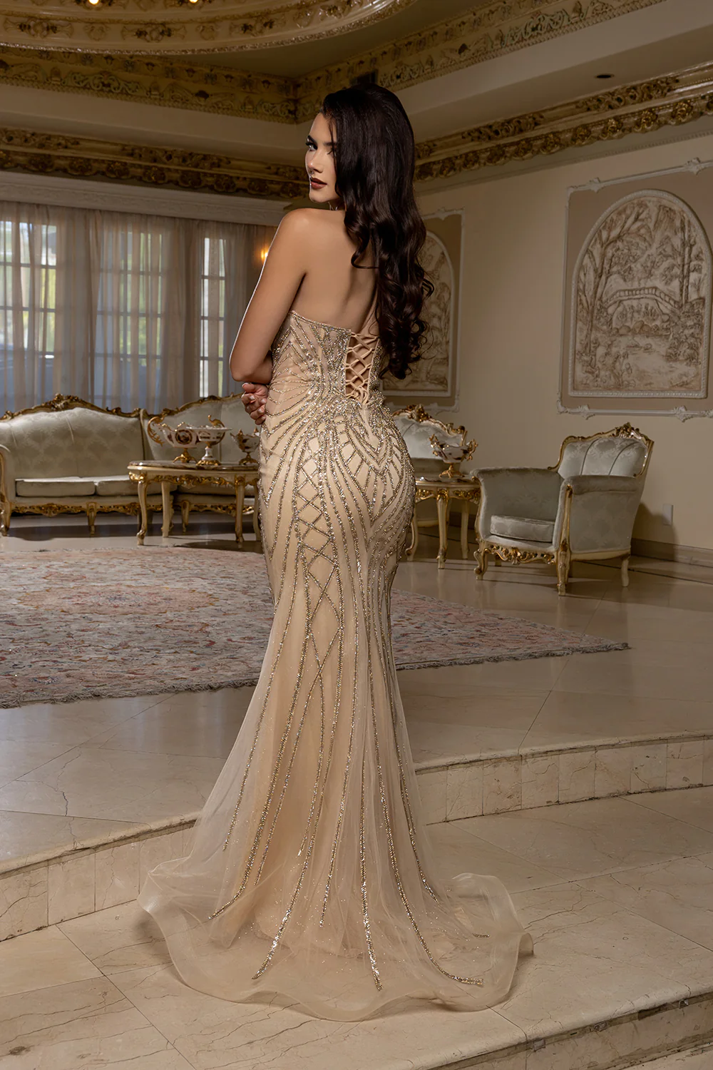 Beaded Mermaid Evening Gown – Strapless Lace-Up Back Formal Prom Dress by Royal Queen RQ8210 - Image 9
