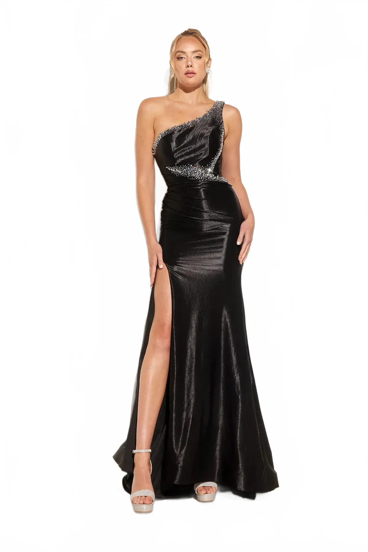 Beaded Shimmer One Shoulder Slit Gown by Lucci Lu 1373 - Image 5