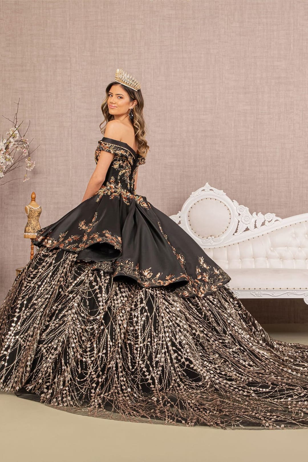 2 piece Off Shoulder Black Gold Quince Ball Gown by Elizabeth K GL3098 - Image 3
