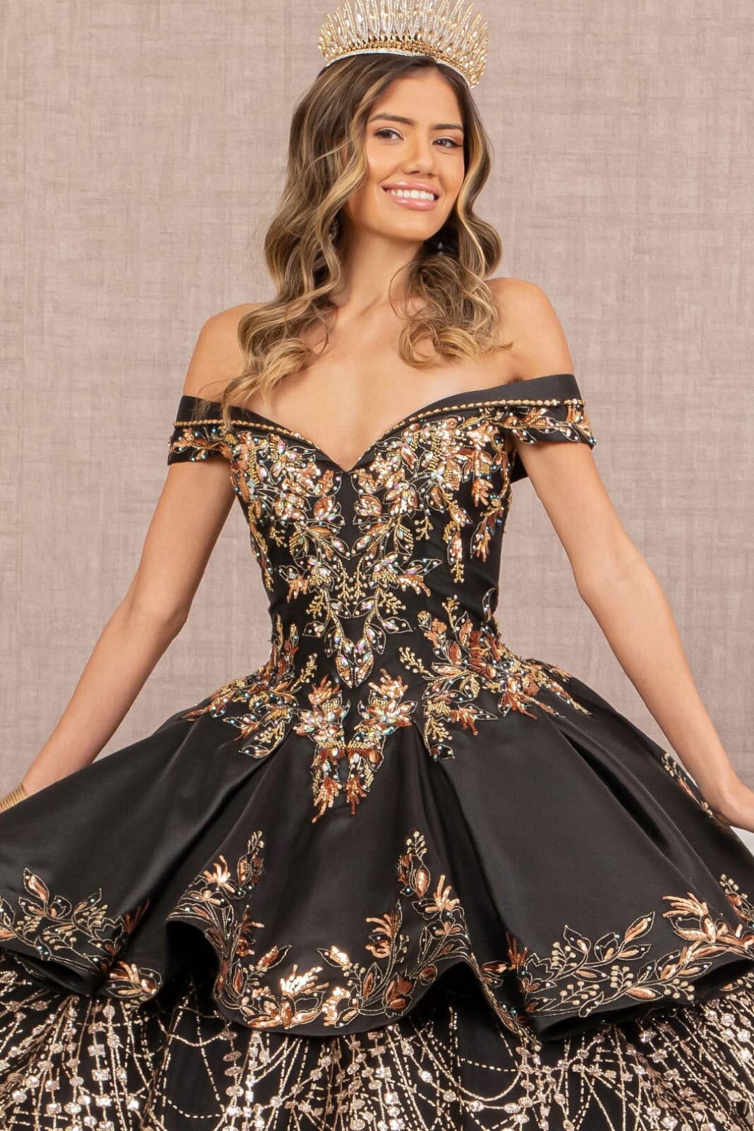 2 piece Off Shoulder Black Gold Quince Ball Gown by Elizabeth K GL3098 - Image 5