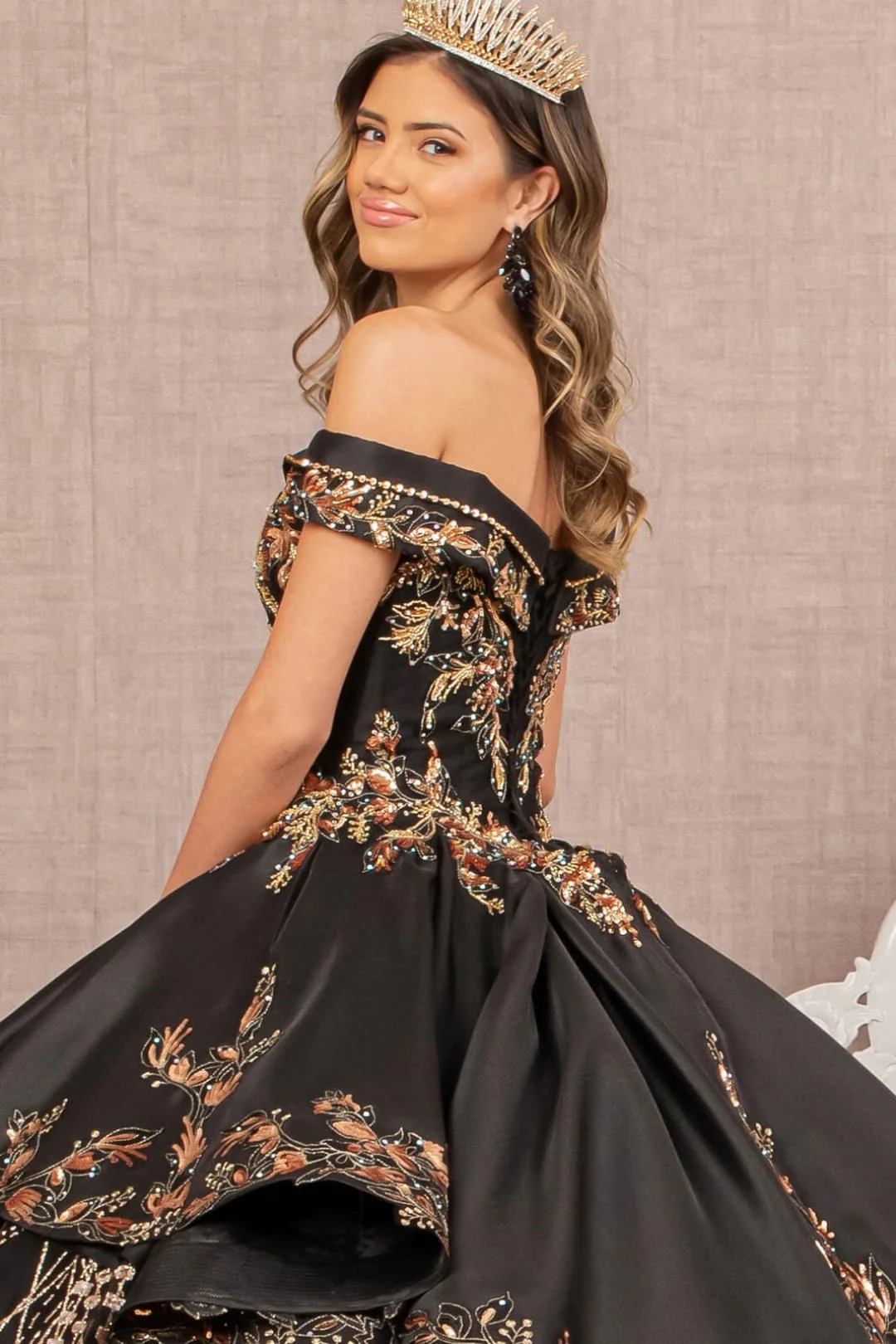 2 piece Off Shoulder Black Gold Quince Ball Gown by Elizabeth K GL3098 - Image 6