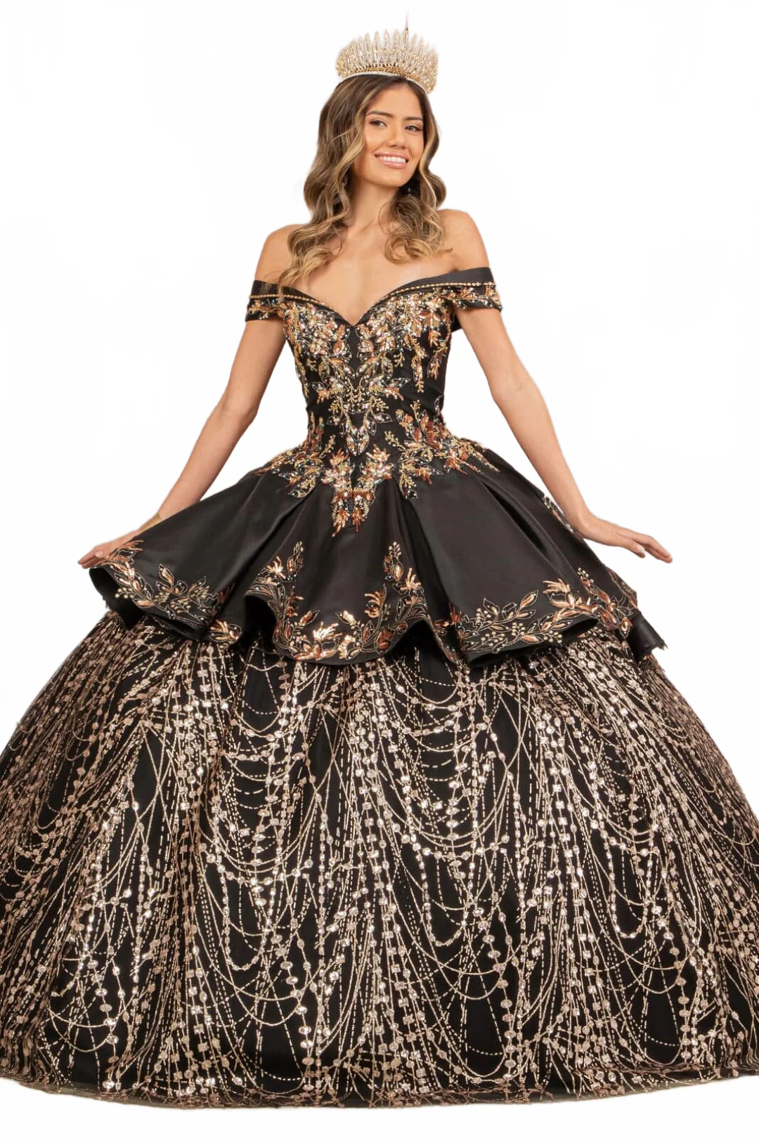 2 piece Off Shoulder Black Gold Quince Ball Gown by Elizabeth K GL3098 - Image 7