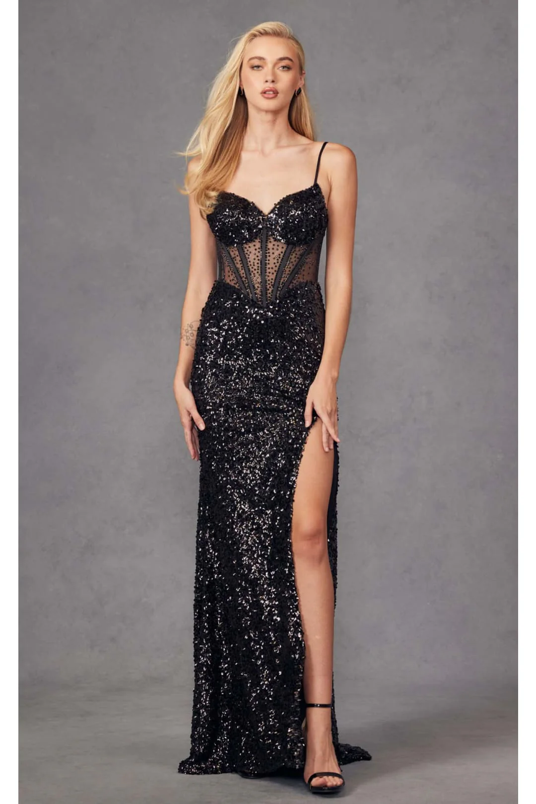 Black Bridesmaid Dresses-Inexpensive Fitted Sequin Gown Juliet JT2474U
