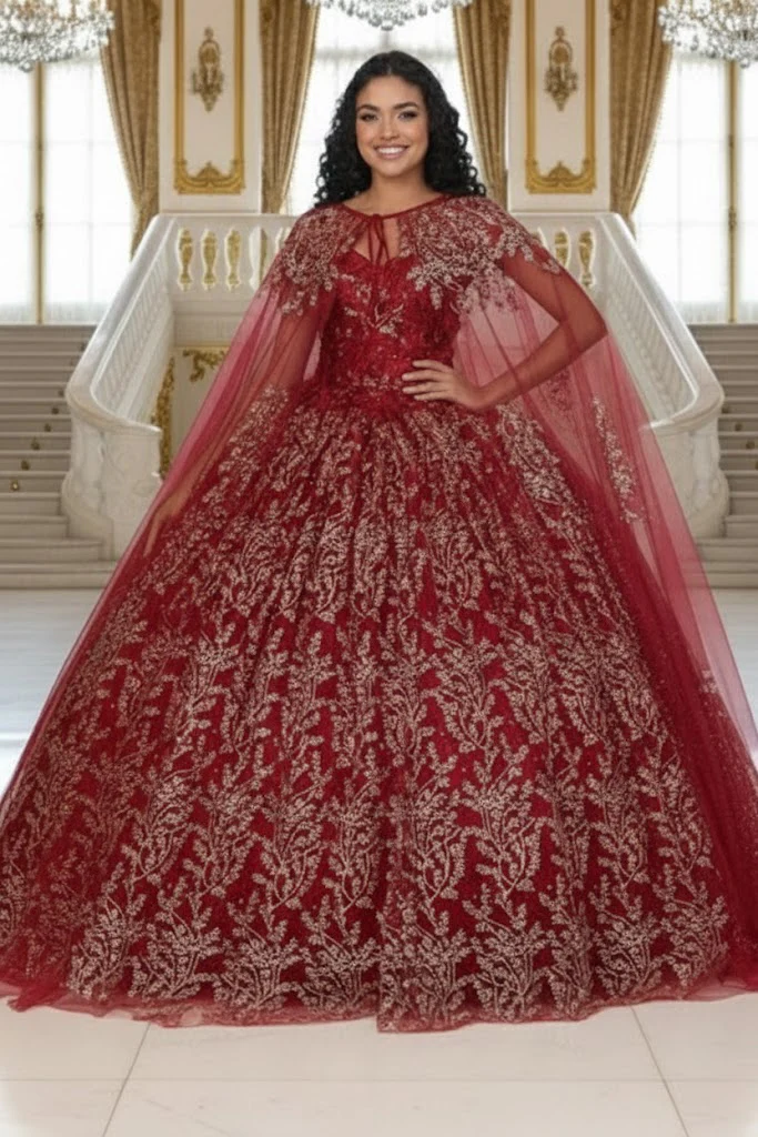 Layla K LK204 Detachable Cape Glitter 3D Floral Applique Quince Gown - Image 5
