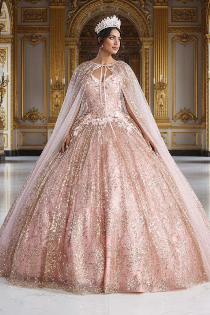 Layla K LK204 Detachable Cape Glitter 3D Floral Applique Quince Gown - Image 4