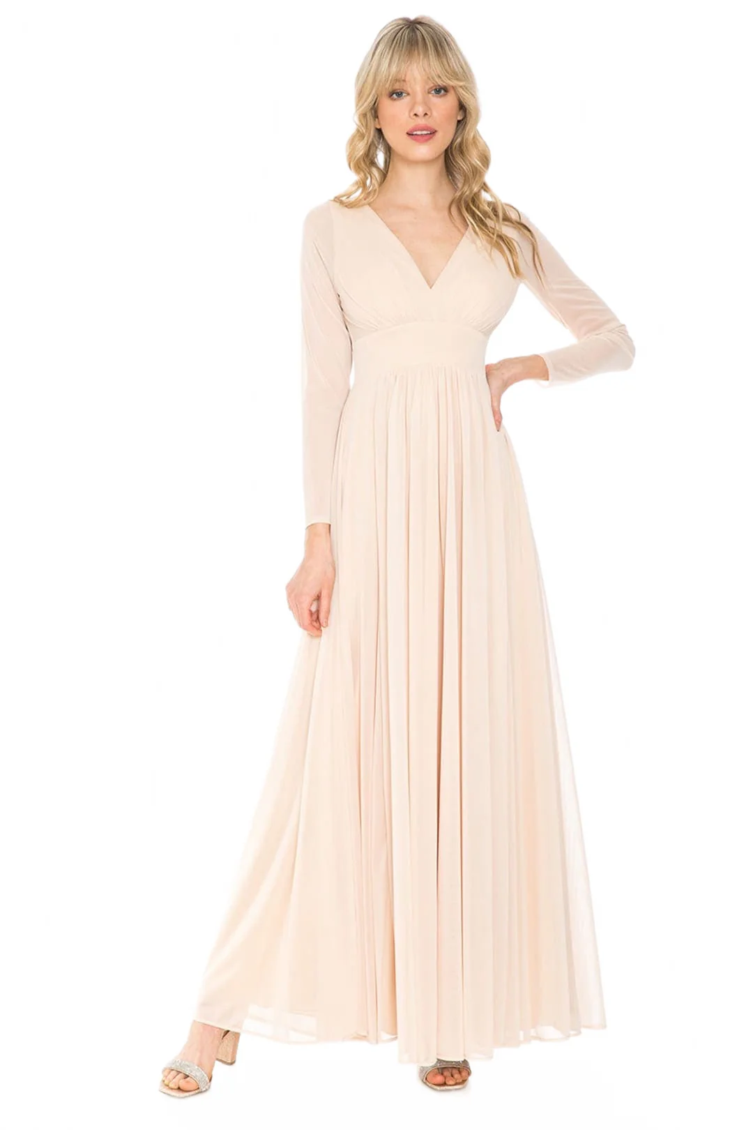 Champagne Bridesmaid Dresses-Inexpensive Lenovia 5234 Long Sleeve Sheer - Image 3