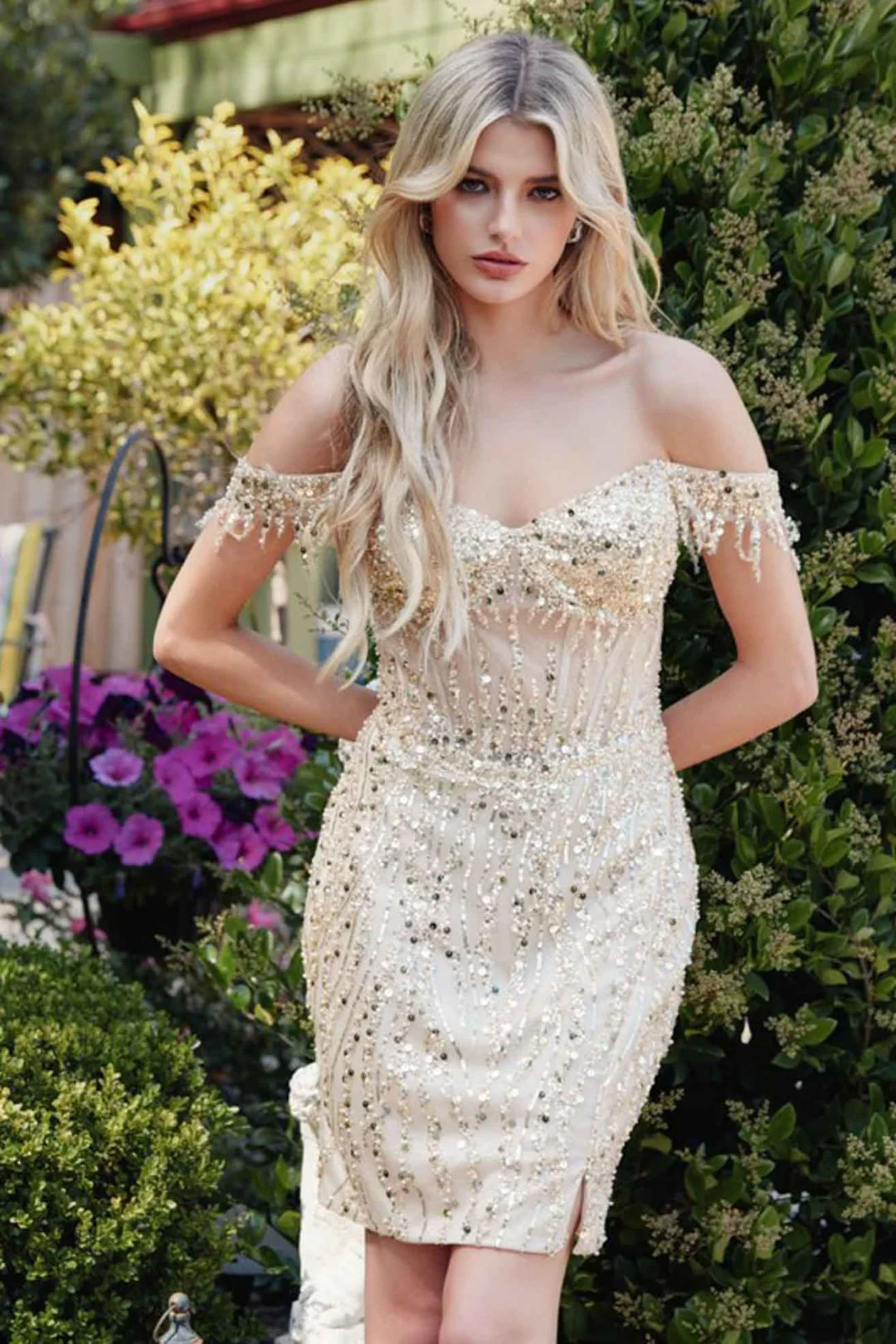 Champagne Bridesmaid Dresses-Inexpensive Sequin Short by Juliet JT919L - Image 7