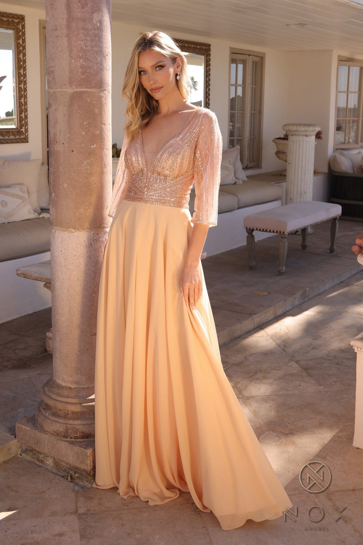 Nox Anabel MF101 Chic 3/4 Sleeve A-Line Gown with Embellishments - Image 16