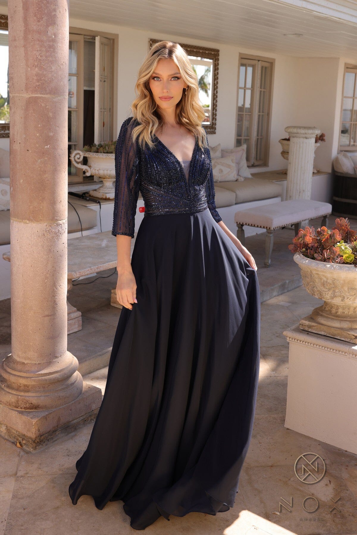Nox Anabel MF101 Chic 3/4 Sleeve A-Line Gown with Embellishments - Image 19